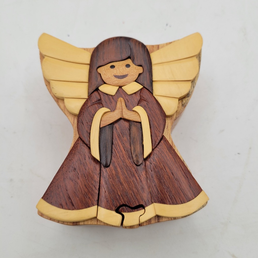 Angel Handmade Carved‎ Wood wooden Christian keepsake Puzzle Box Jewelry